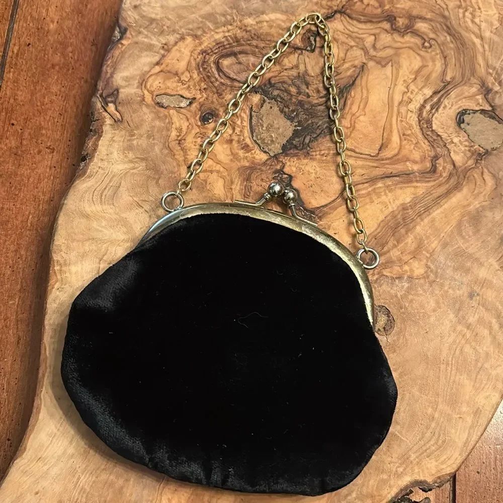 Small Black Velour Kiss Lock Evening Bag / Coin Purse